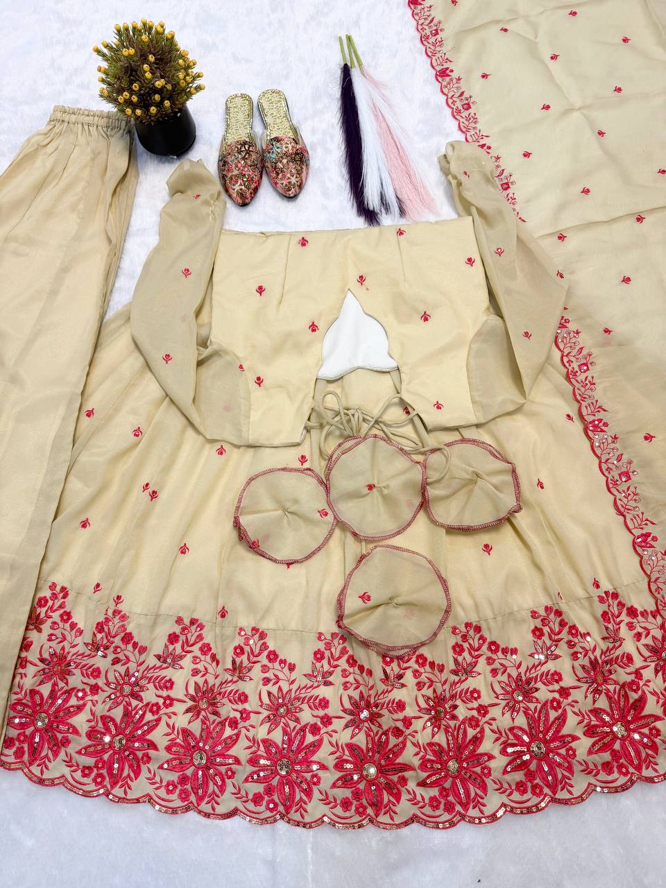 Exquisite Beige Flared Anarkali Suit Set Adorned with Vibrant Red Floral Embroidery, Sequined Scalloped Hem, and an Elegant Tie-Up Back